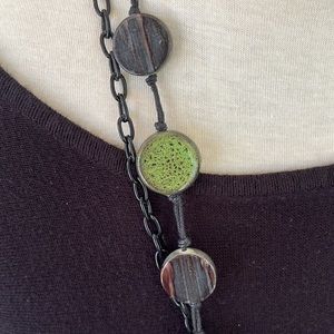 Funky Lime Green and Bluish Browns Round Stone Beads w/Black Chain Link Necklace